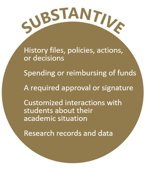 Substantive records are 1) History files, policies, actions, or decisions; 2) Spending or reimbursing of funds; 3) A required approval or signature; 4) Customized interactions with students about their academic situation; 5) Research records and data.